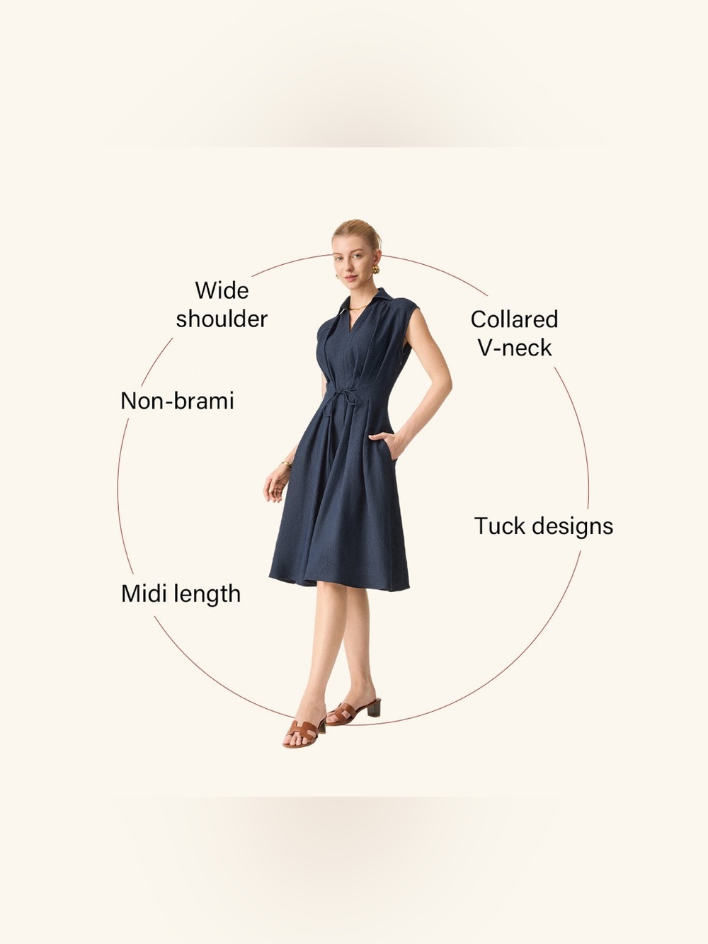 OGL Viscose-Linen Collared V-neck Midi Dress with Drawstring in Ecru size S, NWT - Picture 2 of 4